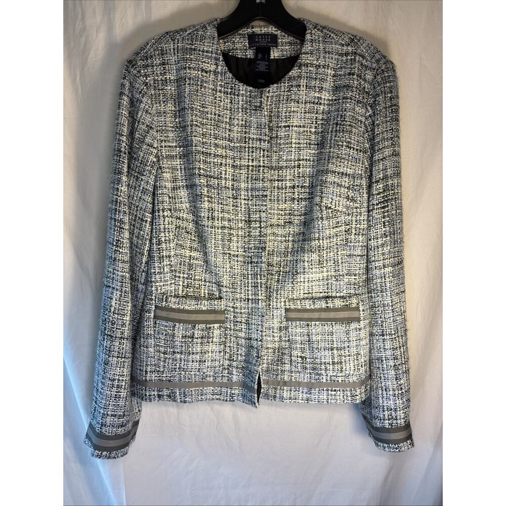 Crazy Horse Blue Tweed Jacket Blazer Size LG Fully Lined Ribbon trim